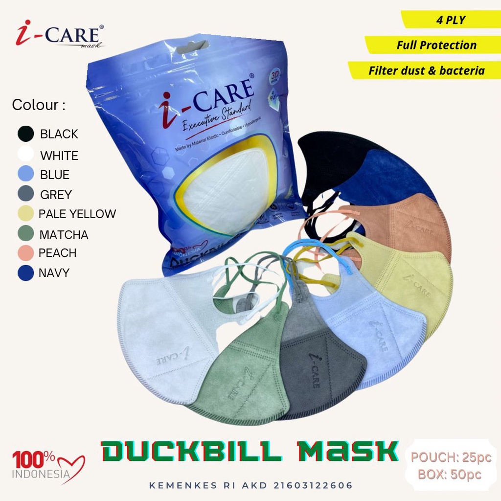 Masker ICARE Duckbill EMBOS Earloop 4ply isi 50pcs 3D PREMIUM QUALITY Disposable