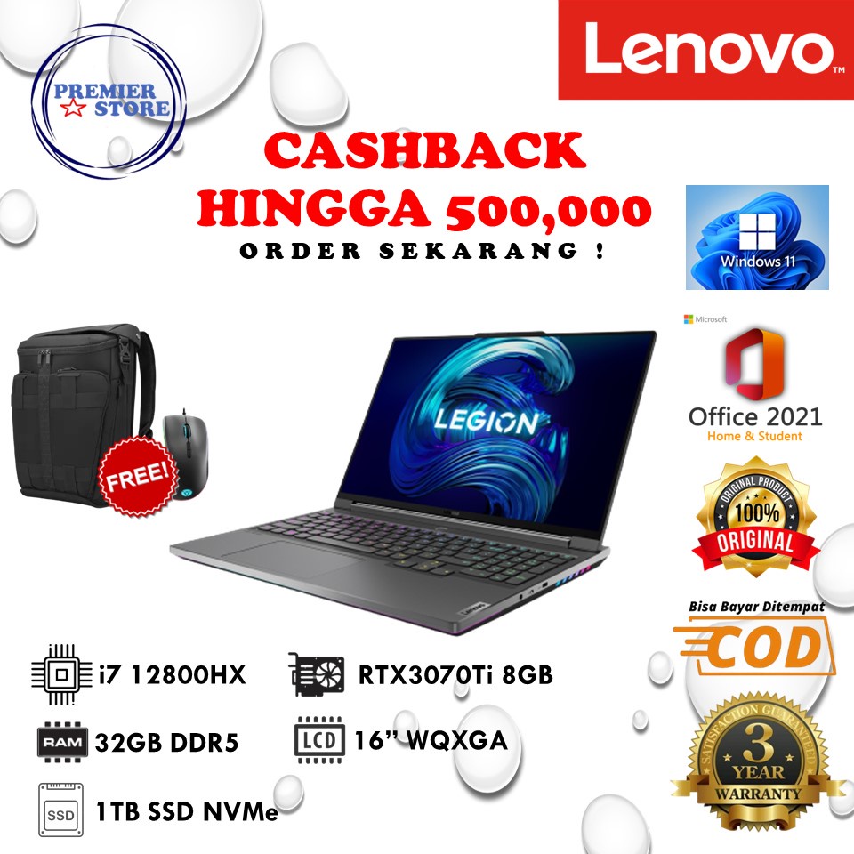 Lenovo Legion 7 16IAX7 3VID I7-12800HX 32GB 1TB SSD RTX 3070Ti 8GB W11+OHS 165Hz