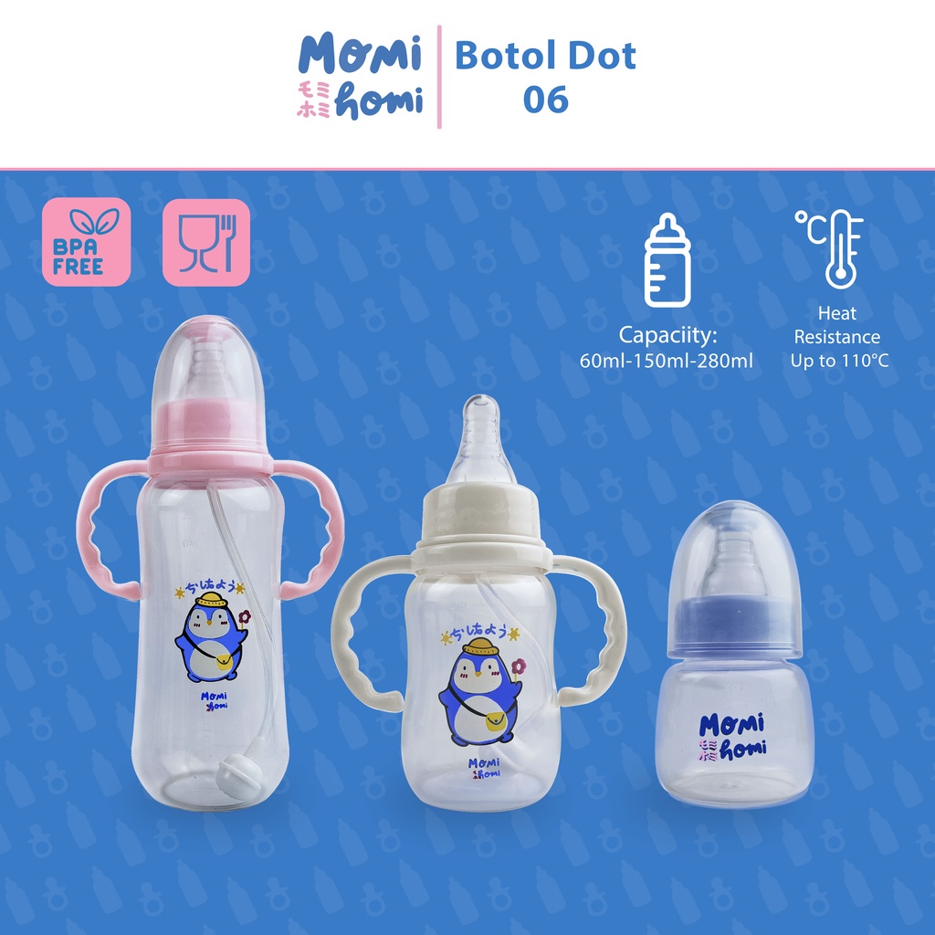 MOMI HOMI CARTOON SERIES BOTOL DOT SUSU BAYI 60ML / 150ML / 280ML DENGAN GAGANG DAN SEDOTAN TAHAN PANAS BPA FREE