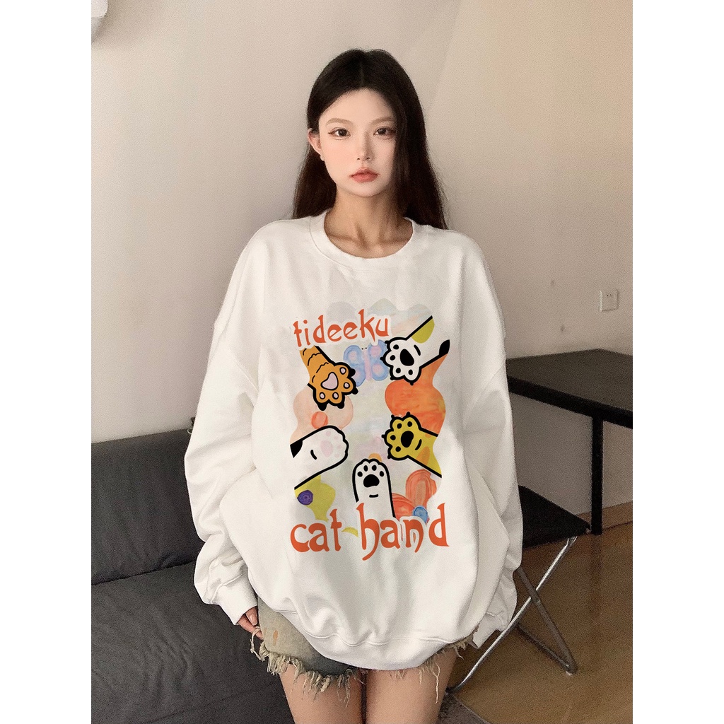 EUNII Sweater Lengan Panjang Cute Cat Paw Korean Style/Hoodie Oversize/Baju Wanita/Switer Wanita