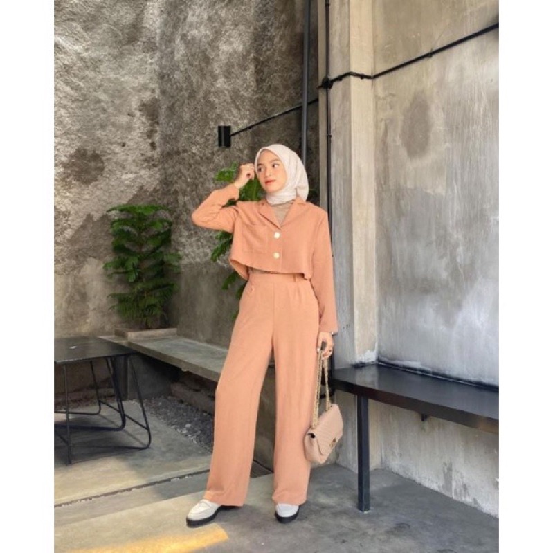 One set/Setelan Kemeja Crop top Blezer Cringkle Wanita lengan panjang