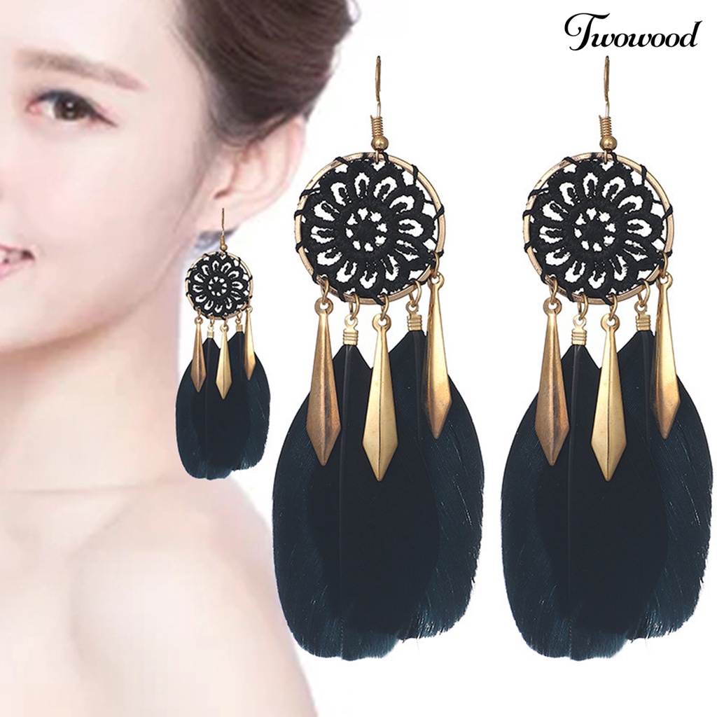 1 Pasang Anting Kait Rumbai Bentuk Dream Catcher Bulu Gaya Bohemian Untuk Pesta Pernikahan