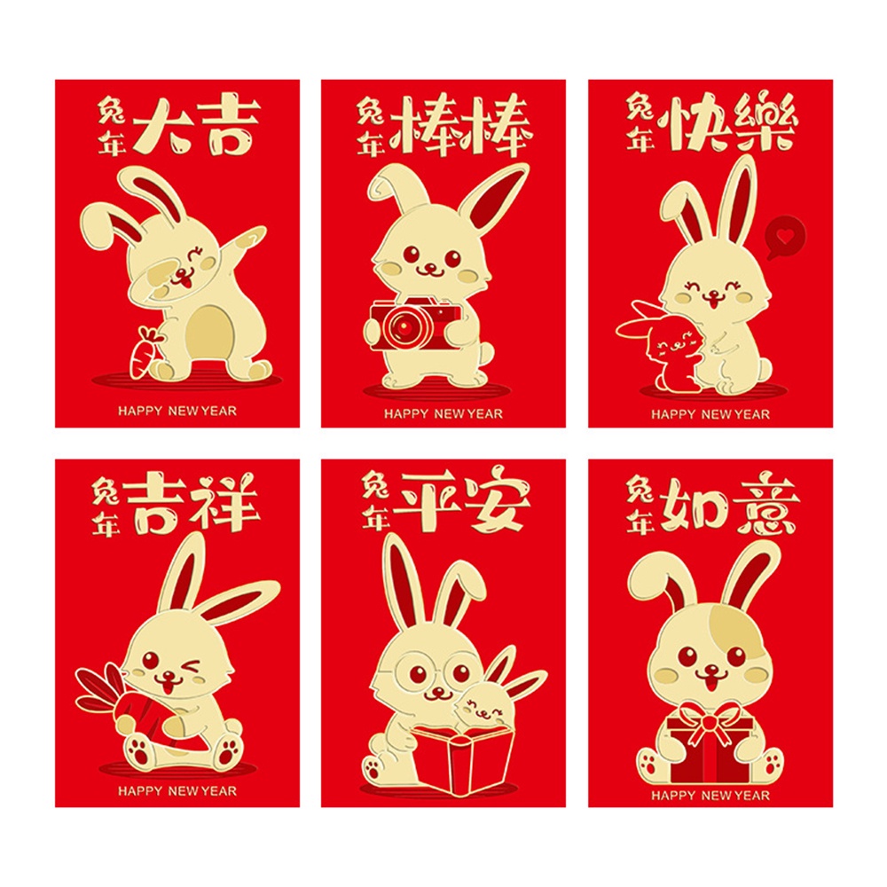 6 Pcs Amplop Angpao Tahun Baru Cina / Imlek Motif Kartun Kelinci Warna Merah 2023