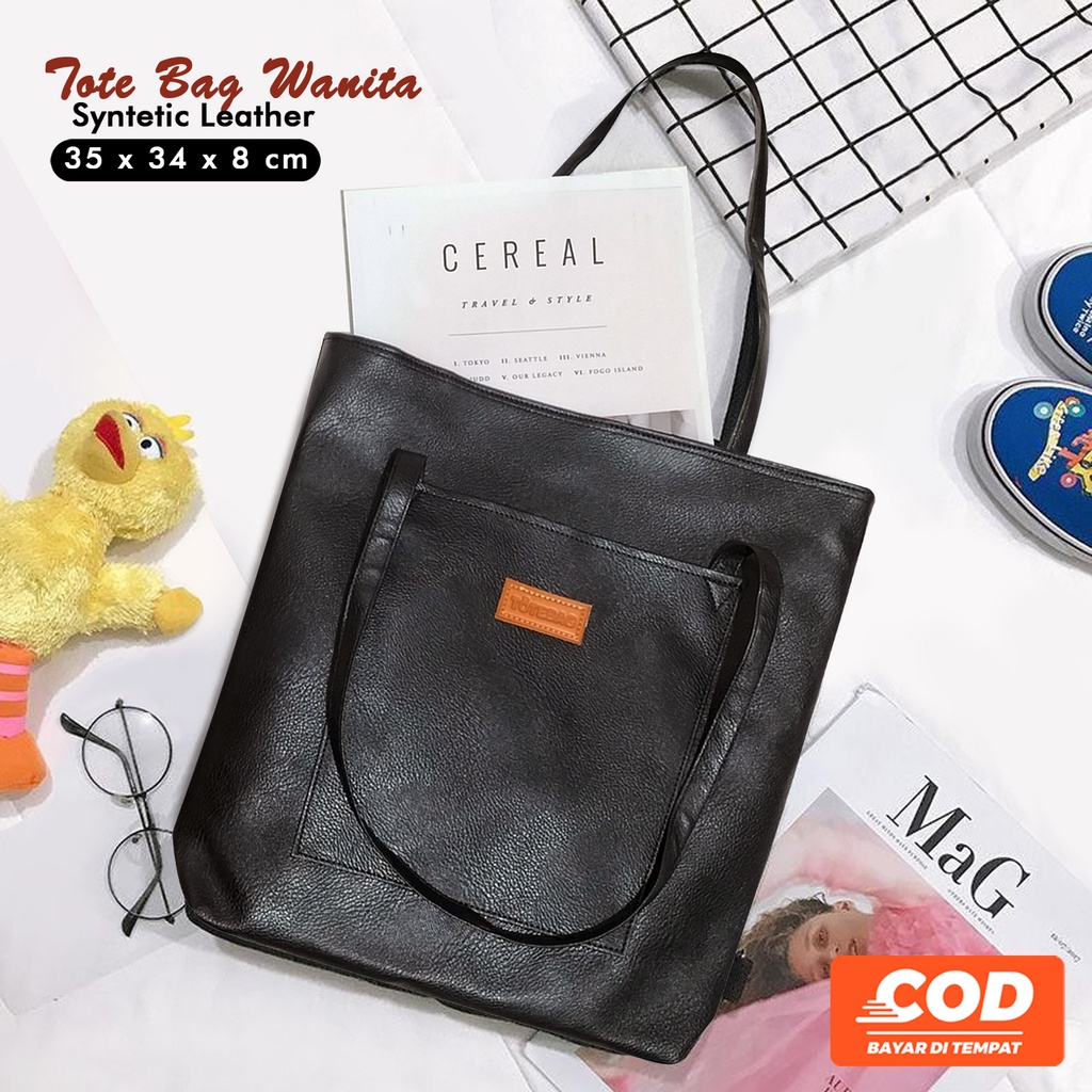 Tote bag fashion wanita tas kuliah sekolah bahan kulit sintetis ruang besar tutup resleting