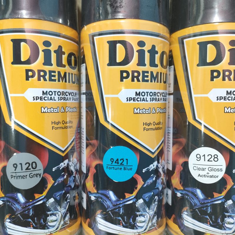 Pilok Cat Diton Premium Paket Lengkap 3 Kaleng Fortune Blue 9421 Biru muda Primer Grey 9120 Clear Gloss 9128 400cc Pilok Paketan Cat Semprot Special Spray Paint