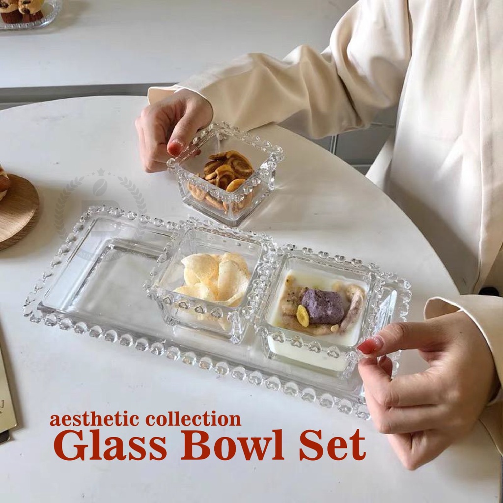 4IN1 Aesthetic Plate Set Piring Kaca Kristal Kotak Motif Hati Mangkuk Mini Vintage Wadah Saji Suguh 