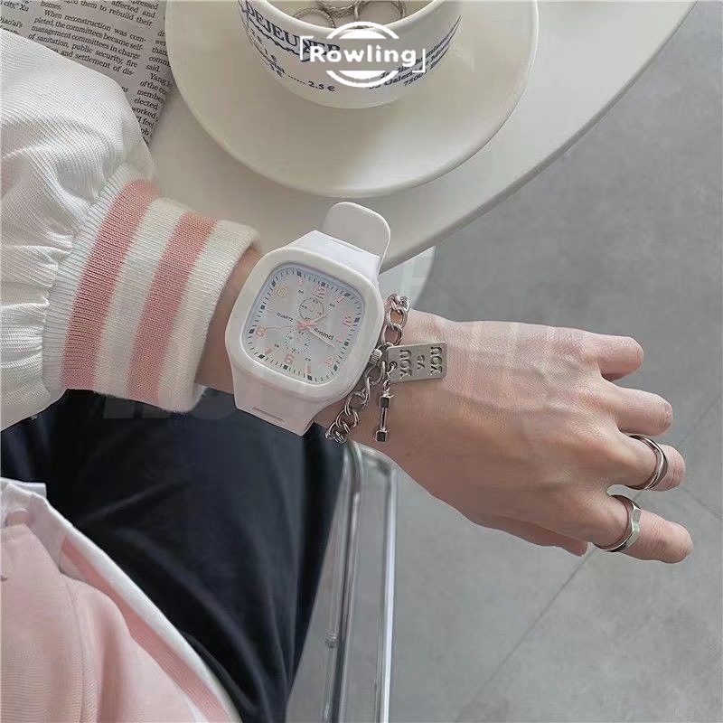 Rowling (Jam-70) Jam Tangan Rubber Quartz Kotak Besar Wanita Dan Pria Fashion Gaya Korea Unisex Import
