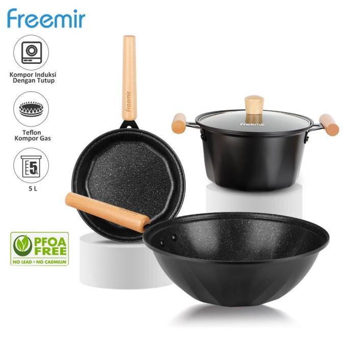 freemir Wajan Set Isi 3 PCS 22 / 30 CM Panci Teflon Anti Lengket Wok