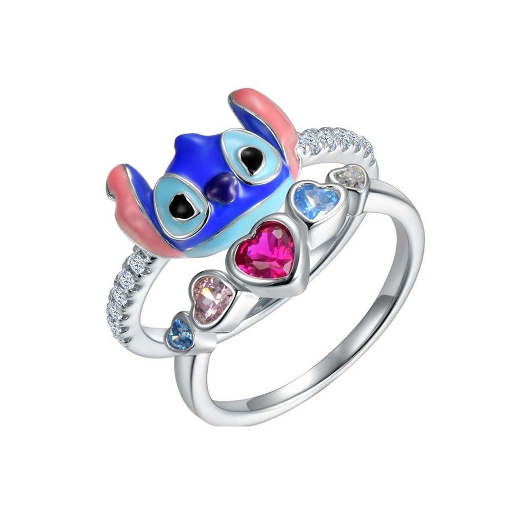 Mxbeauty Cosplay Anime Stitch Cincin Fashion Berlian Perhiasan Aksesoris Double Layer Anime Figure Untuk Dewasa Anak-Anak Perhiasan Cincin