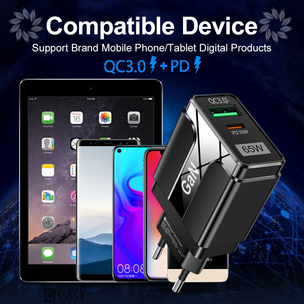 Adapter Charger 65W GaN 9V12V QC3.0 + PD33W Fast Charging Untuk Iphone 13 14 i-Pad H-uawei X-iaomi S-amsung Android