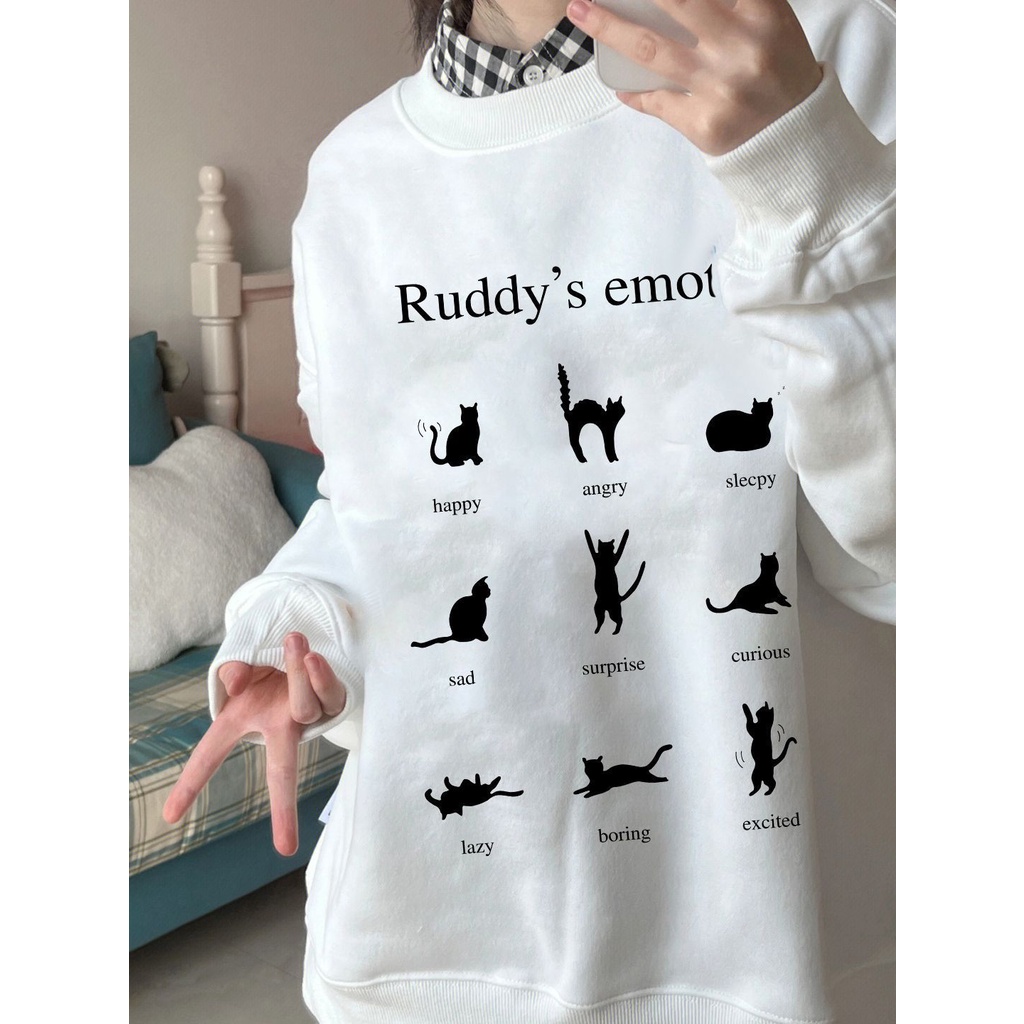 American retro kucing lucu cetak pullover sweater wanita musim gugur dan musim dingin pasang nasional merek longgar kapas tebal jaket bulu