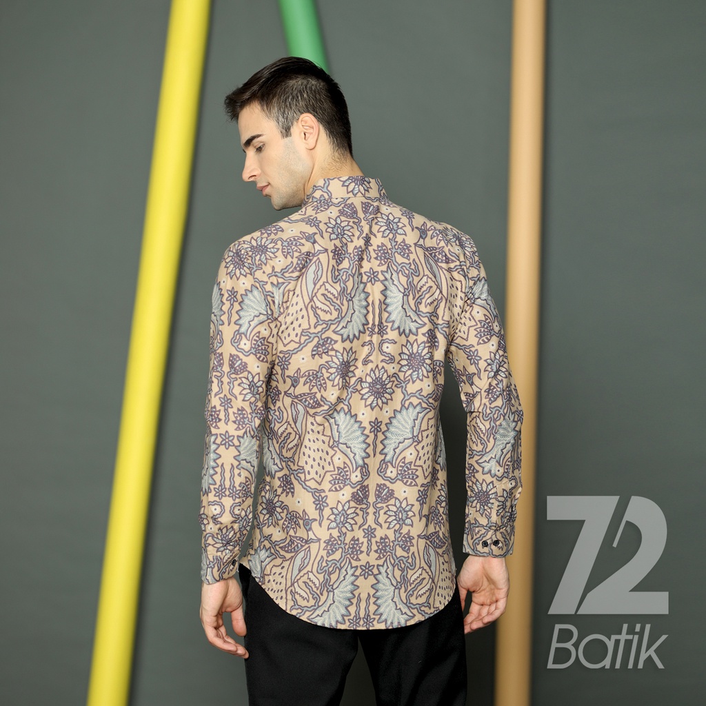 KEMEJA BATIK PRIA Lengan Panjang Premium Motif Burung Kembang Putih Tulang Cream Krem 723130 Cap 72 - Baju Kemeja Atasan Pakaian Setelan Batik Pria Cowok Laki Laki Remaja Keluarga Kantor Lengan Panjang Modern Slimfit Slim Fit Premium Kekinian