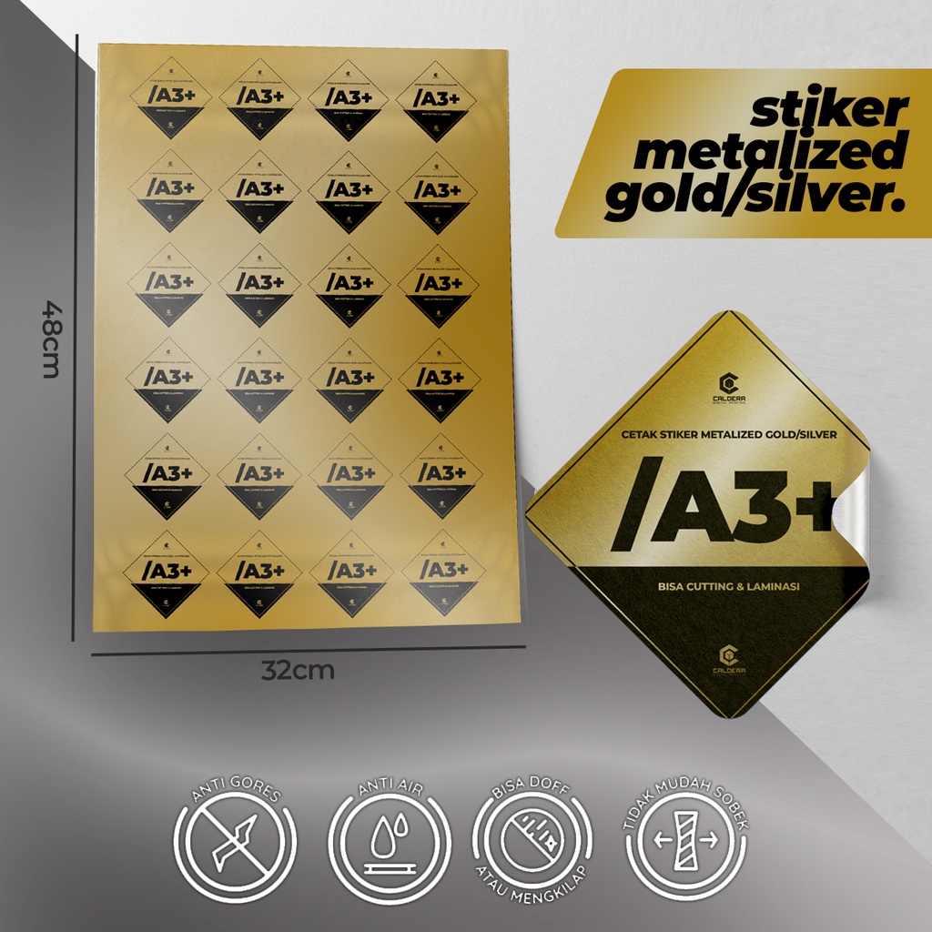 

Cetak / Print Stiker Label Metalized SILVER / GOLD (EMAS) Custom per A3+ bisa Kiss Cut & Laminasi - Custom Sticker Print - CALDERA DIGITAL PRINTING