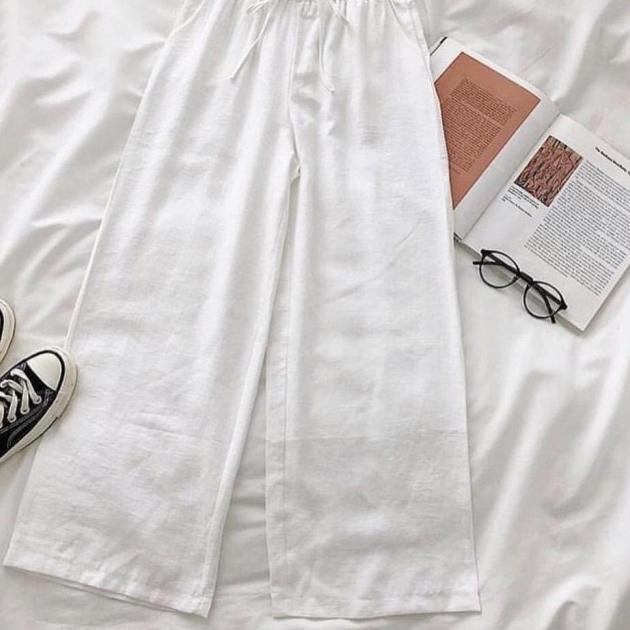 Wide Celana Kulot Polos Katun Linen Premium / Kulot Pants Jumbo - Putih, L
