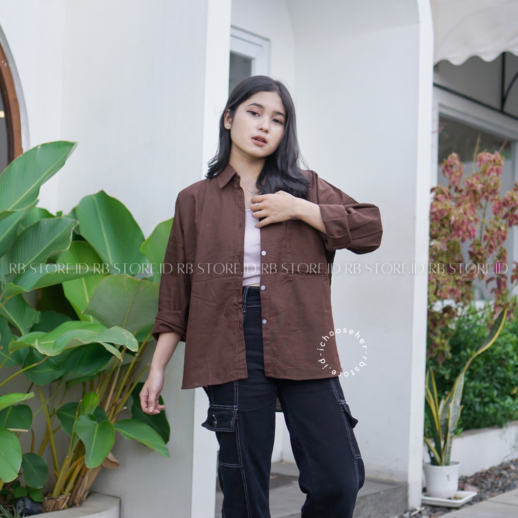 Kemeja Wanita Linen Oversize Olivia Shirt Linen Pocket-OLIVIA KOPI