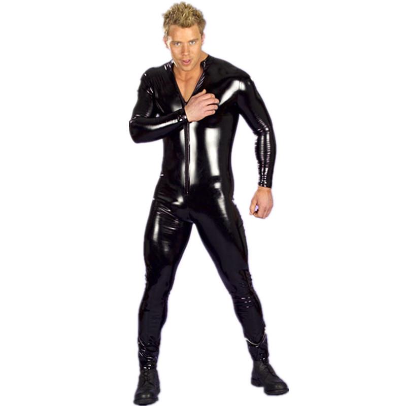 Oversized S-4XL Sexy Lingerie Men Catsuit Faux Leather Front Zipper Crotch Bodysuit Gay Costumes Ero