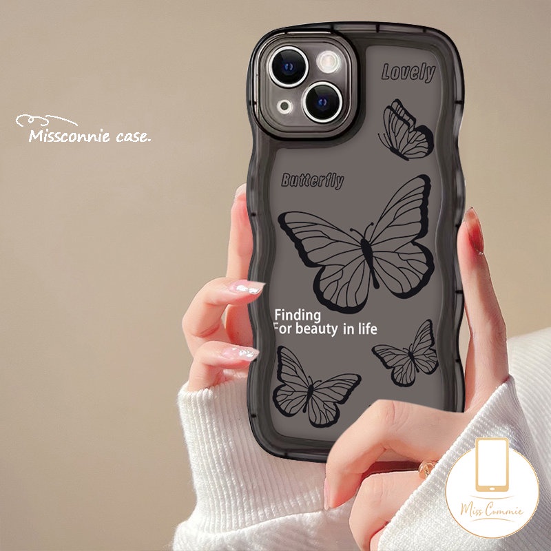 IPHONE Casing Ponsel Bunga Kupu-Kupu Hitam Retro Mewah Kompatibel Untuk Iphone6 6s 8 7 Plus 11 Pro Max XR 14 13 12 Pro Max 14 Plus X XS Max SE 2020 Lembut TPU Tepi Bergelombang Anti Jatuh Full Case