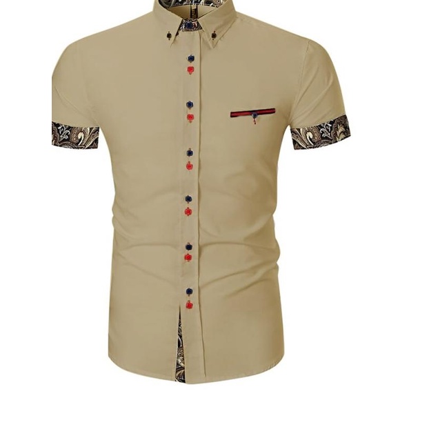 (Asgard) Kemeja Pria Cowok Lengan Pendek Kombinasi Batik/Hem Cowok - Cream, Standart