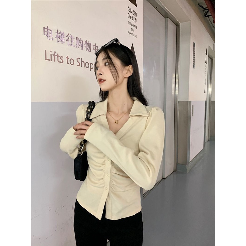 Red Ukuran Besar Gemuk Mm Bahu Depan Polo Shirt Wanita Musim Gugur Murni Keinginan Desain Kemeja Lengan Panjang Lipit Pinggang Atas Tipis