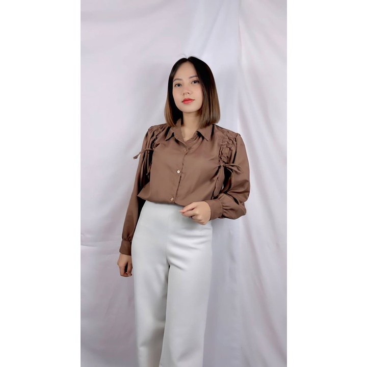 Tq88indonesia Fashion Baju Atasan Wanita Terbaru /  Faezya Blouse / Blus Polos Serut Lengan Panjang / Pakaian Casual Cewek