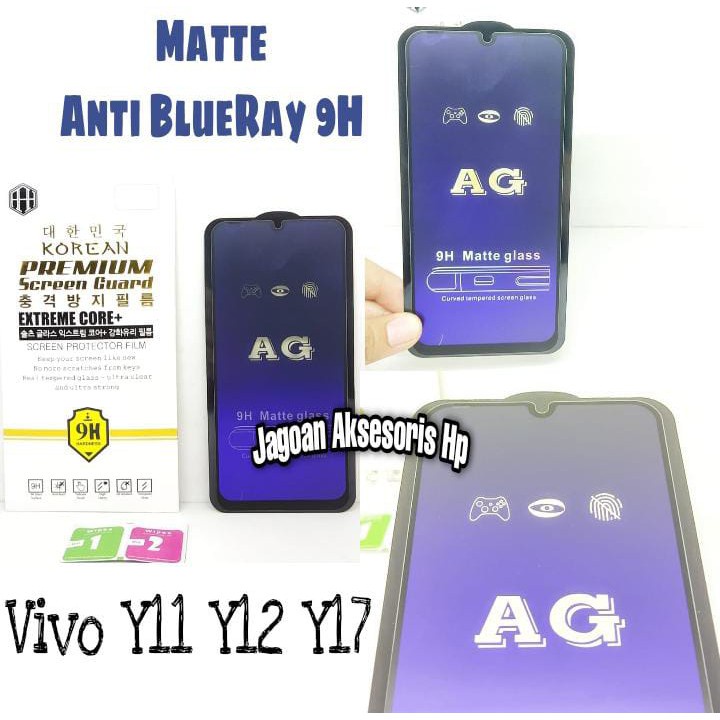 MATTE Blue Ray 9H Vivo Y11 Y12 Y15 Y17 6.35 inch Tempered Glass FULL GLUE NO Sidik Jari ANTI RADIASI