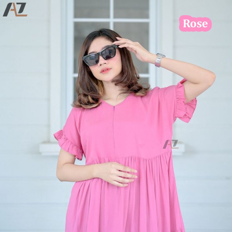 Dress Pendek Wanita Busui Rayon Premium / Baju Daster Busui Bumil Kekinian Resleting Depan Home Dress Ruffle Polos Pendek Selutut Wanita Modern Rayon Premium