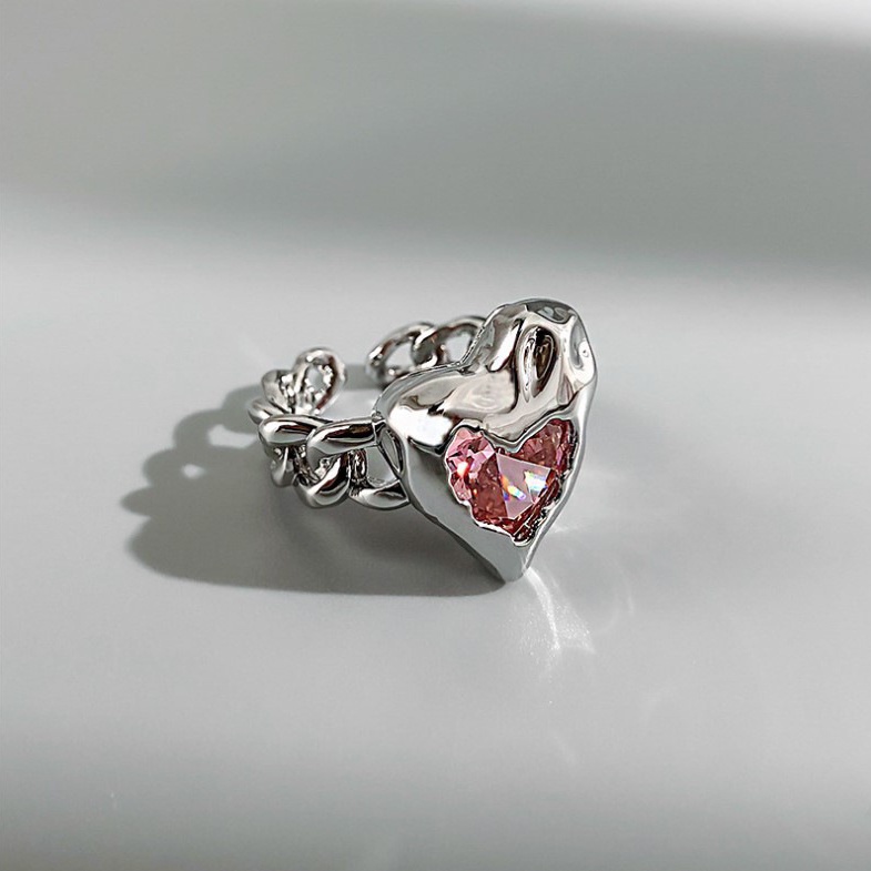 Mhang Cincin Silver Asimetris Gaya Eropa / Amerika Motif Hati Aksen Kristal Pink Untuk Wanita