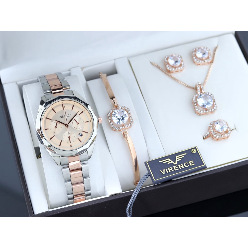 Jam tangan Wanita Original VIRENCE Strap Rantai V3003RT Full Set Original Water Resistance