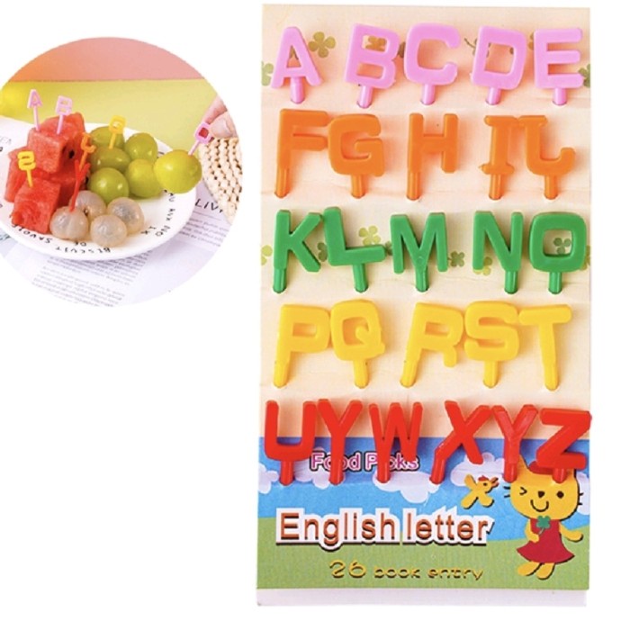 26pcs Tusuk Bento Food Pick Buah ALFABET ALPHABET ABCD Dekorasi Bekal