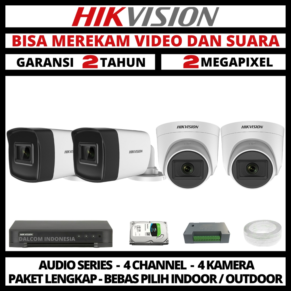 PAKET CCTV HIKVISION 2MP 4 CHANNEL 4 CAMERA TURBO HD 1080P KAMERA CCTV &amp; DVR FULL HIKVISION