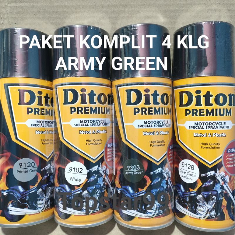 Pilok Cat Diton Premium Paket Komplit 4 Kaleng  Army Green Hijau Army 9303 Primer Grey 9120 White 9102 Clear Gloss 9128 400cc Pilox Paketan Cat Semprot Special Spray Paint