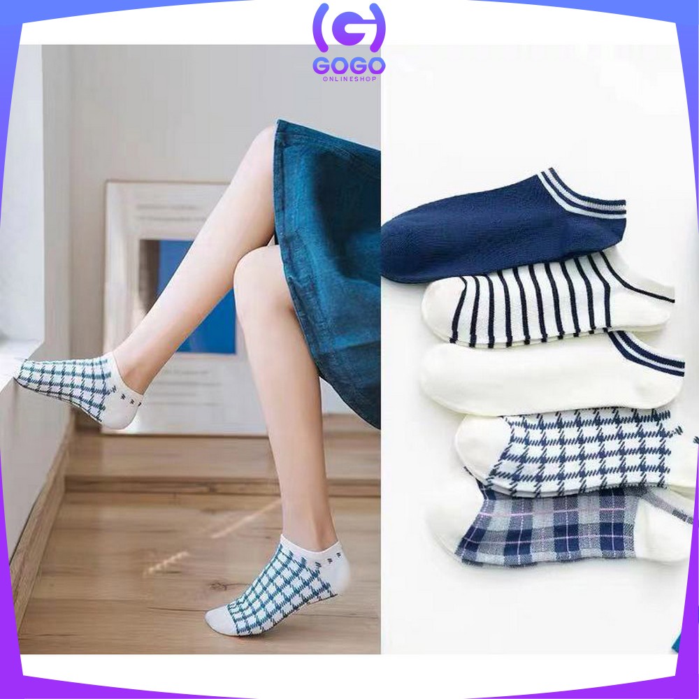 GOGO-P187 Kaos Kaki Pendek Wanita Motif Kotak Biru / Kaus Kaki Pendek Wanita Dewasa / Ankle Sock Fashion Korean Style