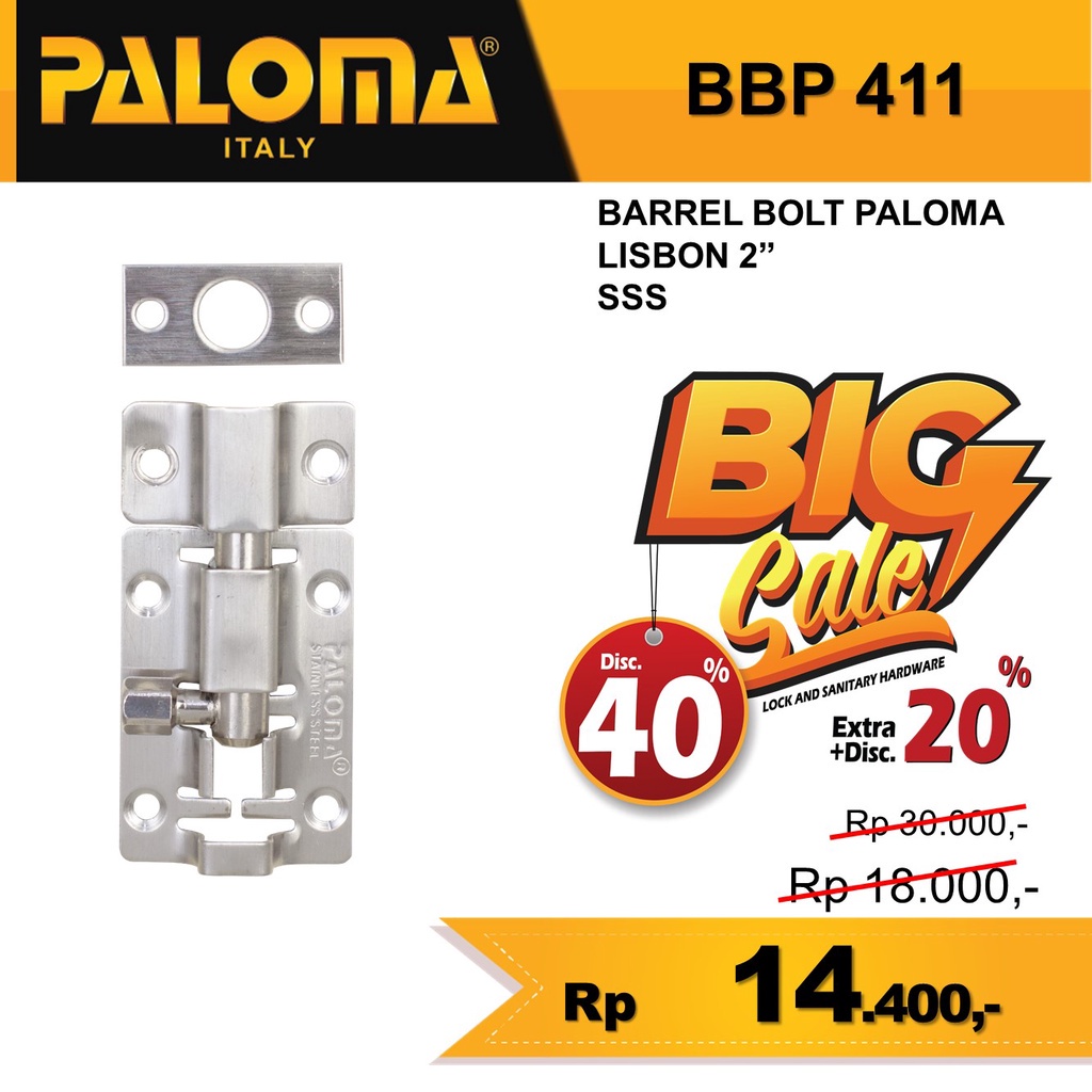 GRENDEL STAINLESS SANTEKAN KUNCI SLOT SELOT JENDELA DAN PINTU PALOMA BBP 411 LISBON 2" INCH 5CM