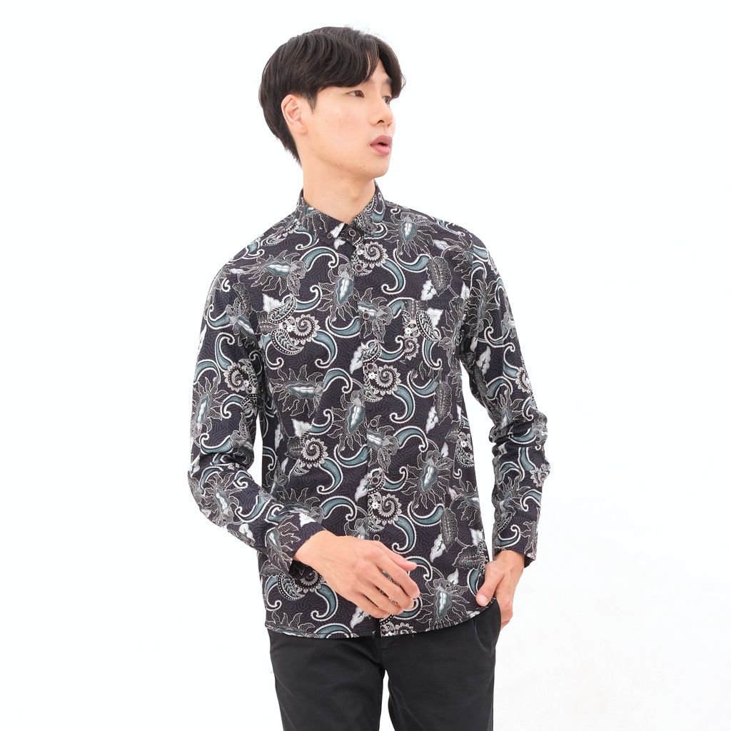 SANVANINA Kemeja Batik Pria Panjang Hitam Slim Fit - Batik Lengan Panjang Jalil E-6002