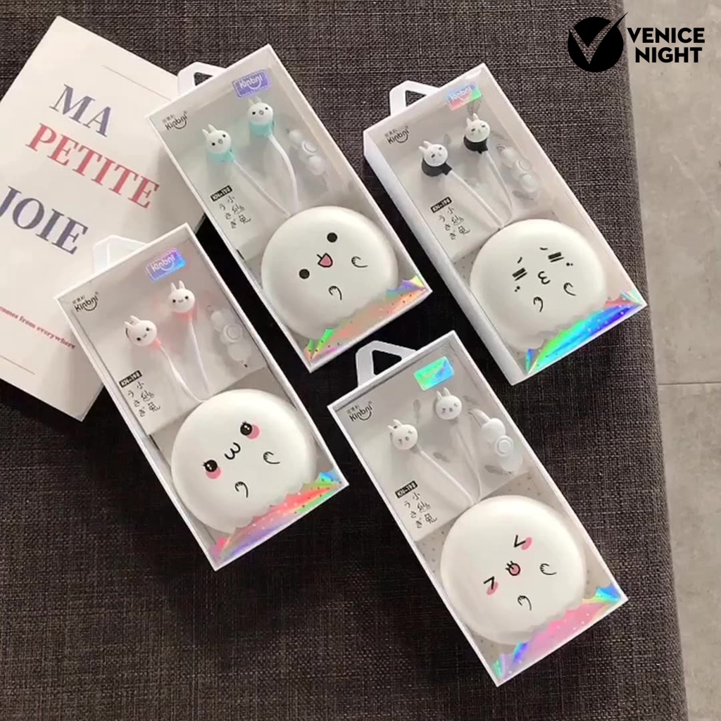 (VNEP) (Berkabel) Earphone In-ear 3D Stereo Surround Earbud Musik Kartun Lucu dengan Kotak Penyimpanan untuk Siswa