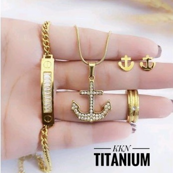 Set Perhiasan Titanium Gold Kalung Anting Jangkar Awet Anti Karat 1118a