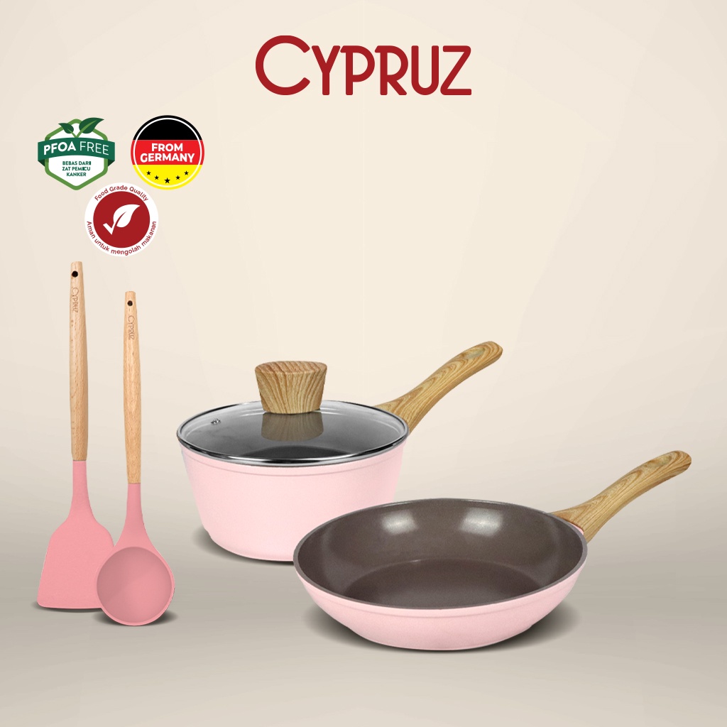 Cypruz Peralatan Masak Dapur Anti Lengket Pink Ceramic Basic Set 4 Pcs