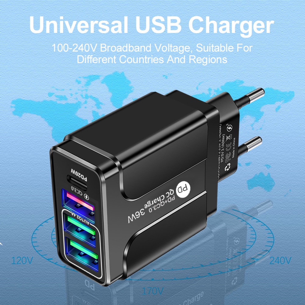 Adapter Charger 3 Port Usb QC3.0 + PD 4 Port 5V / 9V / 12V Portable Untuk Iphone Android