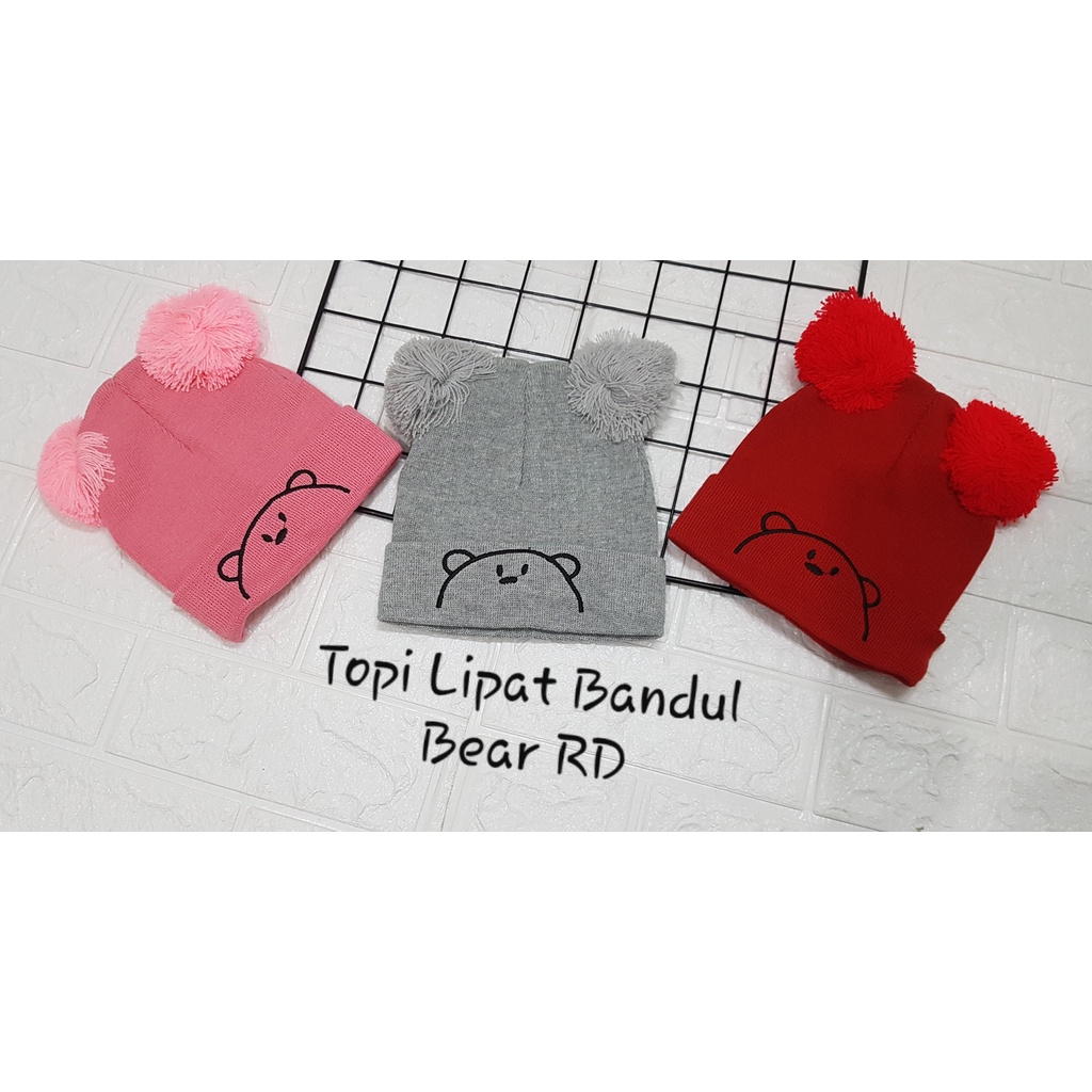 Topi lipat bandul bear/topi rajut bordir bear/topi pompom bordir bear