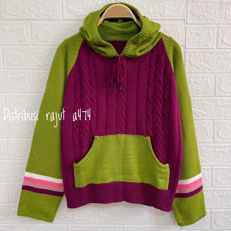 PHARSA JAKET HOODI ATASAN RAJUT SWEATER  MOTIF CABLE TALI DAN KUOLIK WANITA