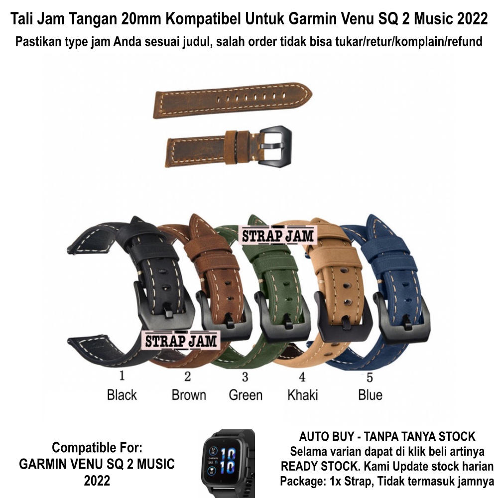 Crazy Horse 20mm Leather Strap Garmin Venu SQ 2 Music 2022 - Tali Jam Tangan Kulit Tebal