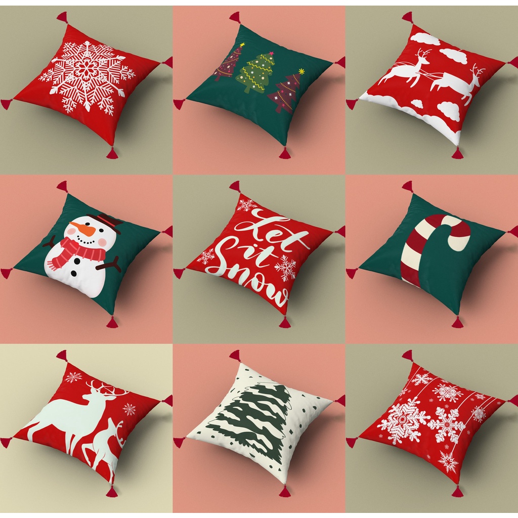 Bantal Sofa Print Motif Natal Christmas Edition dengan Tassel 40x40 cm - Pusat Kado Murah