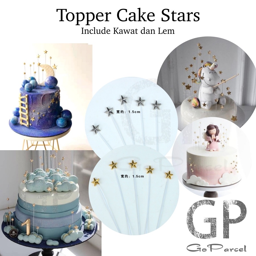 ( 10 Pcs ) STARS CAKE TOPPER 3D SILVER GOLD - TOPPER HIASAN KUE BINTANG PERAK EMAS