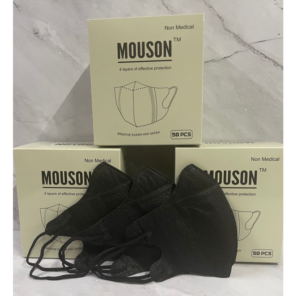 Masker Duckbill Mouson Garis 4ply 50pcs Hitam Putih Soft Tali Warna Senada Original