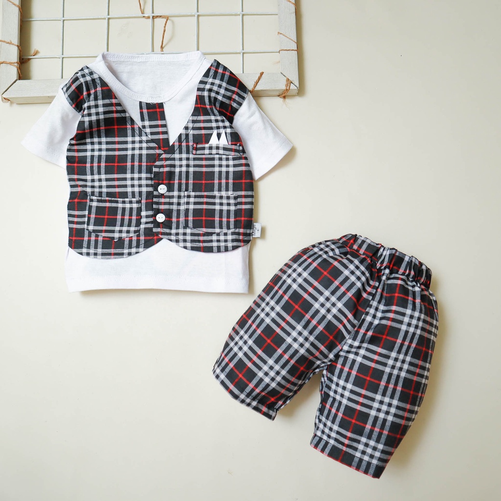 Setelan Baju Celana Anak Bayi Laki-laki Cowok Usia 0 Bulan - 3 Tahun Motif Rompi Dasi Burberry 02