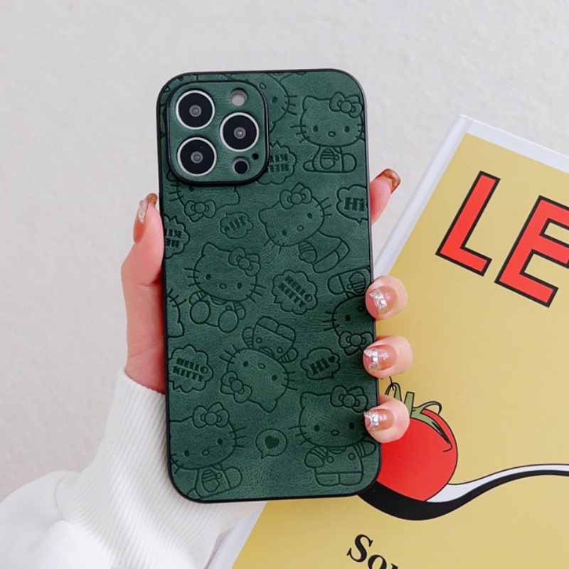 Soft Case Motif Kartun Hello Kitty Warna Hijau Dan Hitam Untuk IPhone 14 13 12 11 Pro X XS Max XR 7 8 Plus SE2020