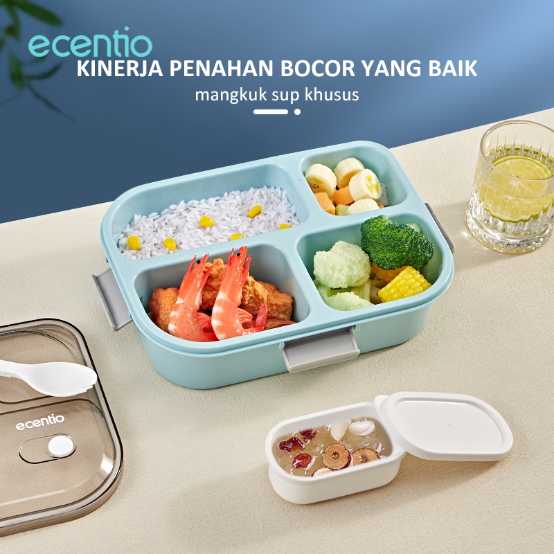 ecentio Kotak Makan 4 Grid Kotak Sup Gratis Sendok 1550ml +140ml Anti Tumpah Lunch Box 4 Sekat Lunch Box Misting Tempat Makan Portable Kotak Bekal BPA Free