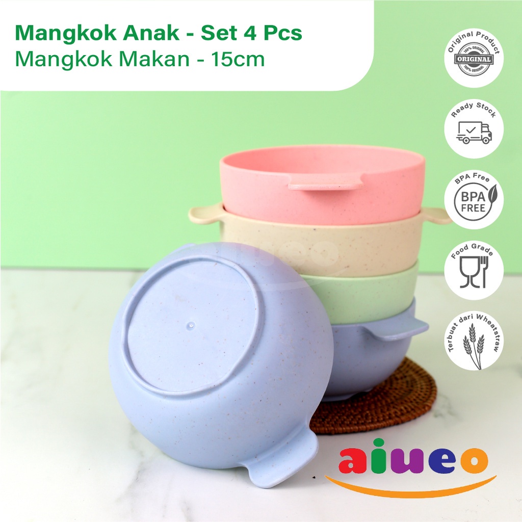 AIUEO | Set 4 Pcs Mangkok Anak Sereal 11.5cm Wheat Straw Mangkuk Makan Wheatstraw Microwave Warna Warni Aesthetic Estetik Plastik