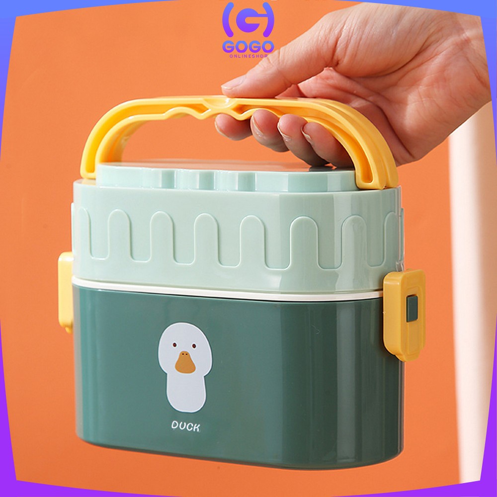 GOGO-C699 Tempat Makan 950ML Box Bento Set 2 Susun Free Sendok Anti Tumpah Dengan Pegangan / Kotak Bekal Tingkat Lunch Box Set Double Layer Portable