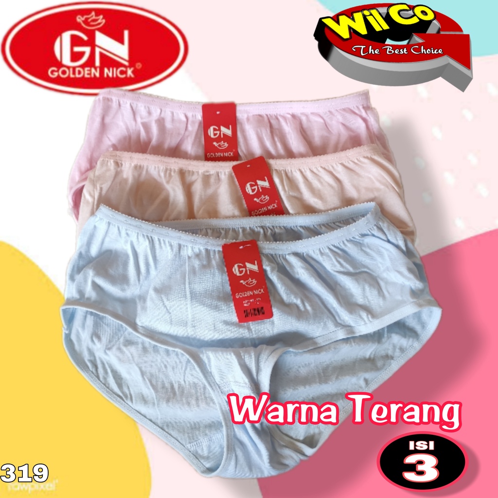 K319T - (HARGA PER 3 PCS) CELANA DALAM WANITA PAKAIAN WANITA PAKAIAN DALAM GOLDEN NICK SIZE M - XXL WARNA TERANG RANDOM